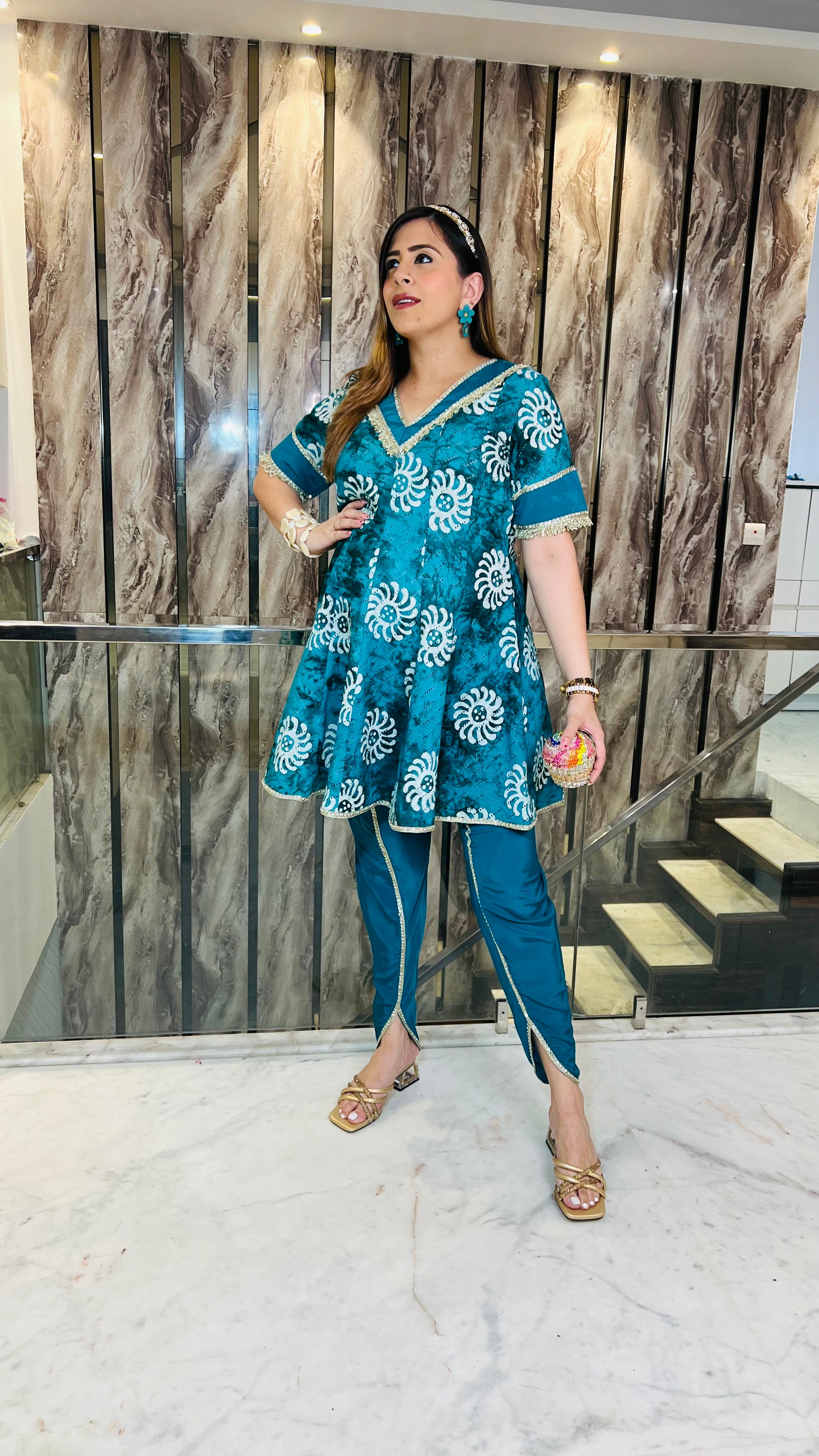 Teal Cotton Batik Dhoti Suit