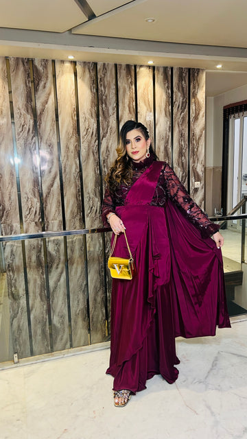 Wine Sequin Drape Saree