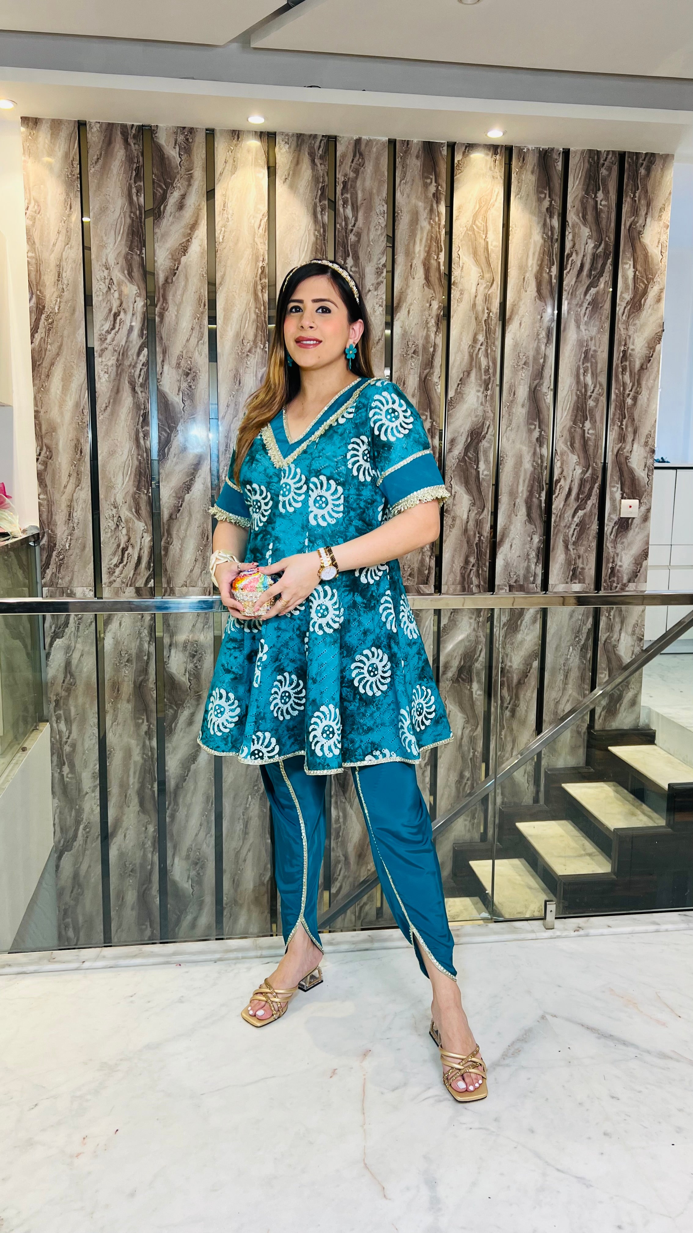 Teal Cotton Batik Dhoti Suit