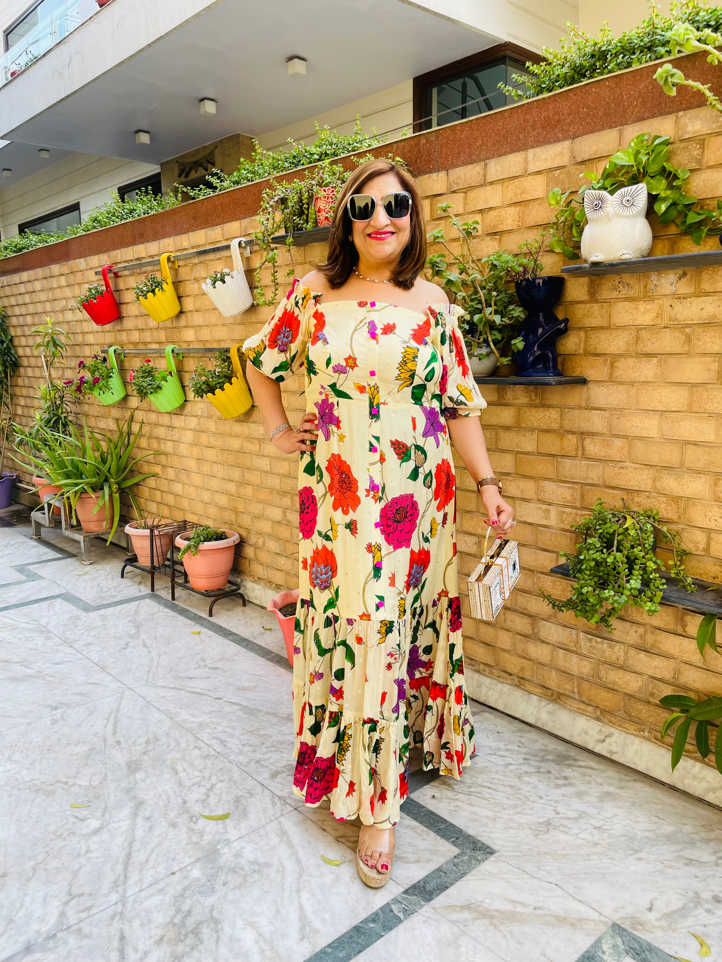 Premium Cream Flower Maxi Dress