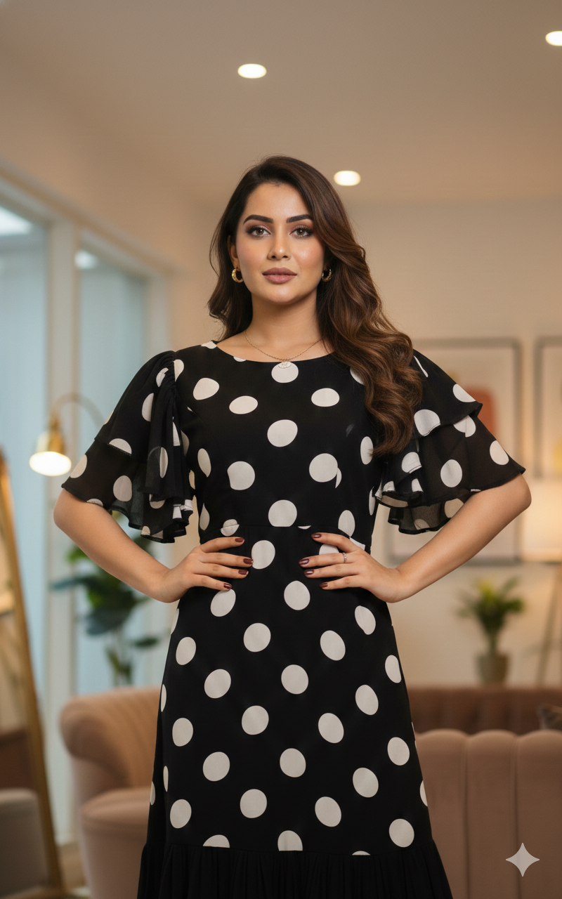 Woman wearing a black dress with white polka dots in a modern living room.
