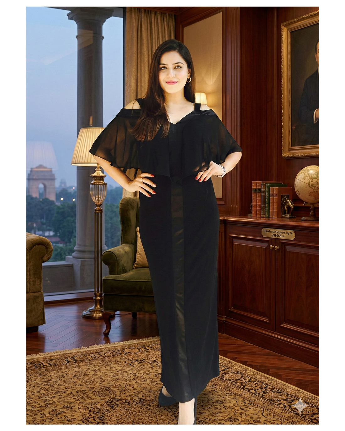 Woman in a black dress standing in an elegant room with decor elements.