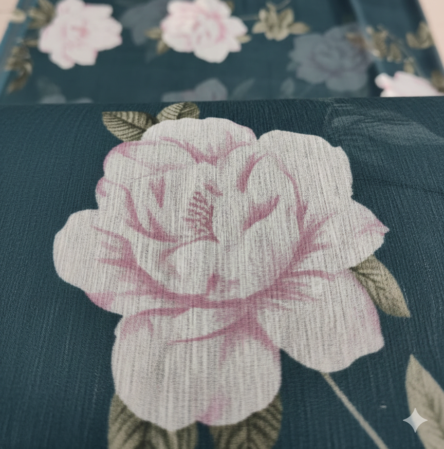 Bottle Green Floral Print Chiffon Fabric