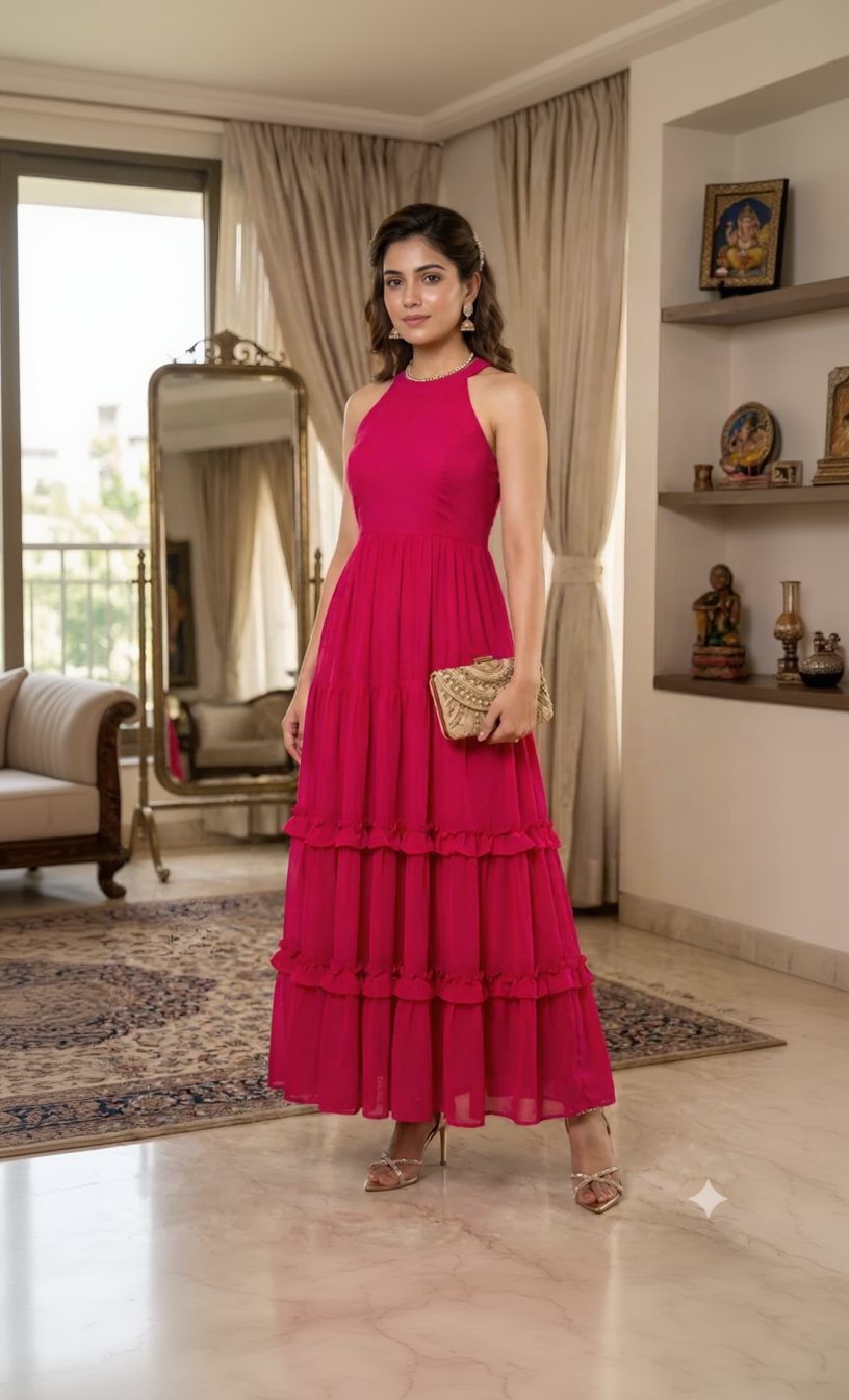 Woman in a pink dress holding a clutch in an indoor setting