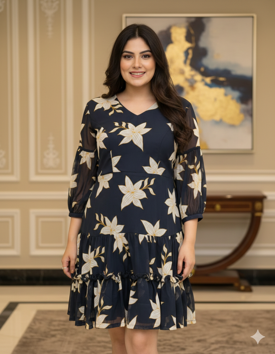 Woman in a navy blue dress with white floral patterns standing in an elegant room.