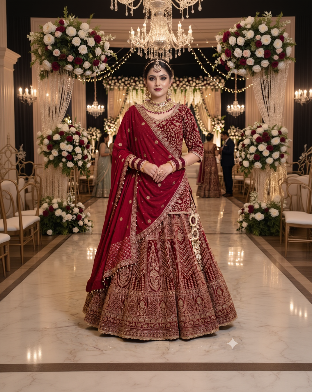 Woman in a traditional red and gold embroidered outfit in a decorated indoor setting.