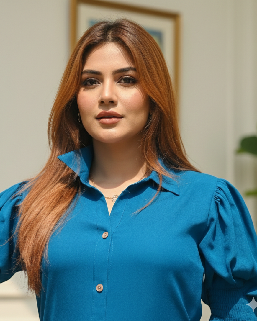 Woman wearing a blue blouse with a neutral background