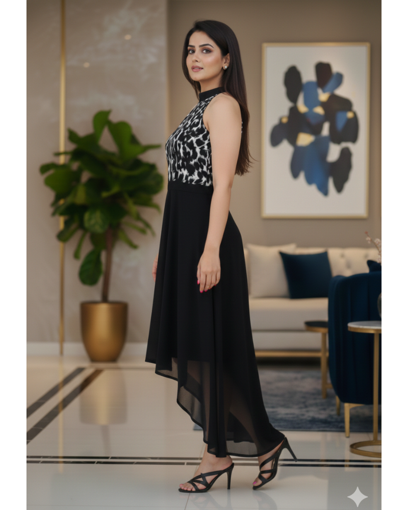Woman in a black and white dress standing in an elegant interior setting.