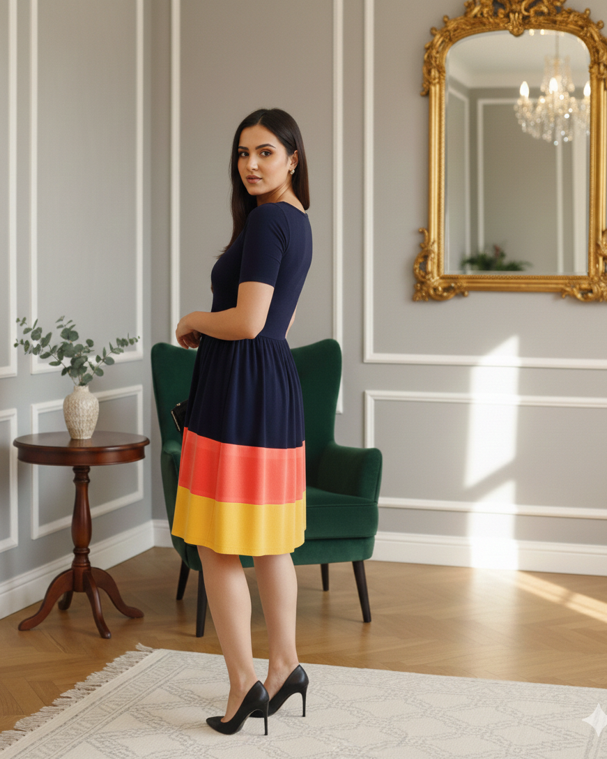 Woman in a colorful dress standing in a room with a decorative mirror and green chair.