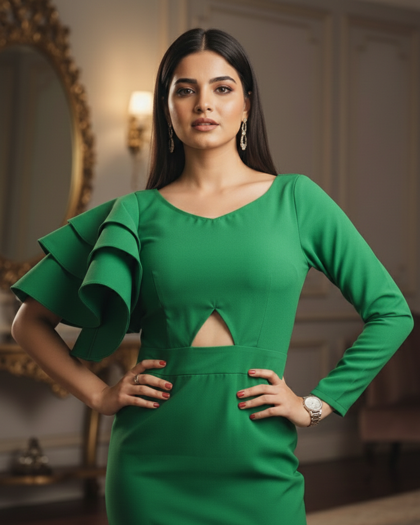 Woman wearing a green dress with ruffled sleeves in an elegant interior setting