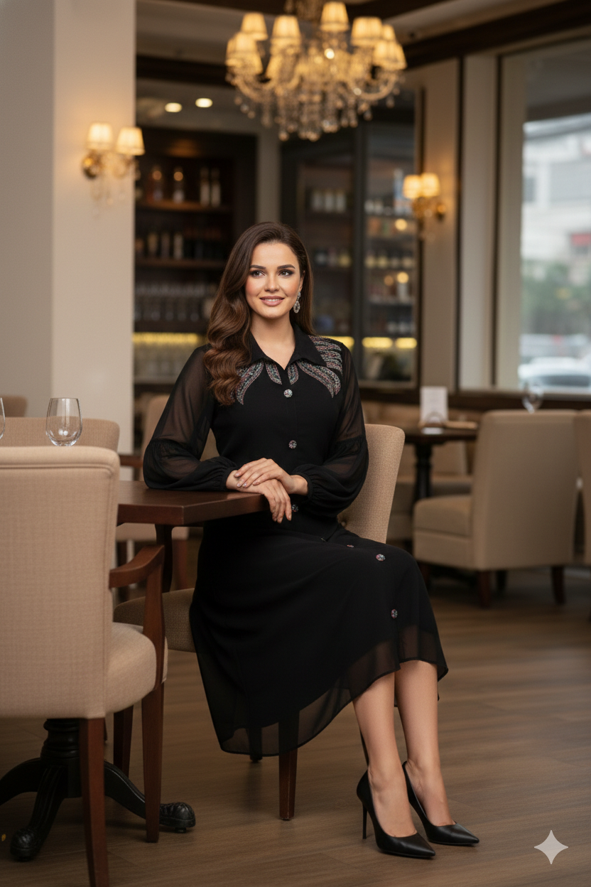 Black Embroidered Shirt Midi Dress