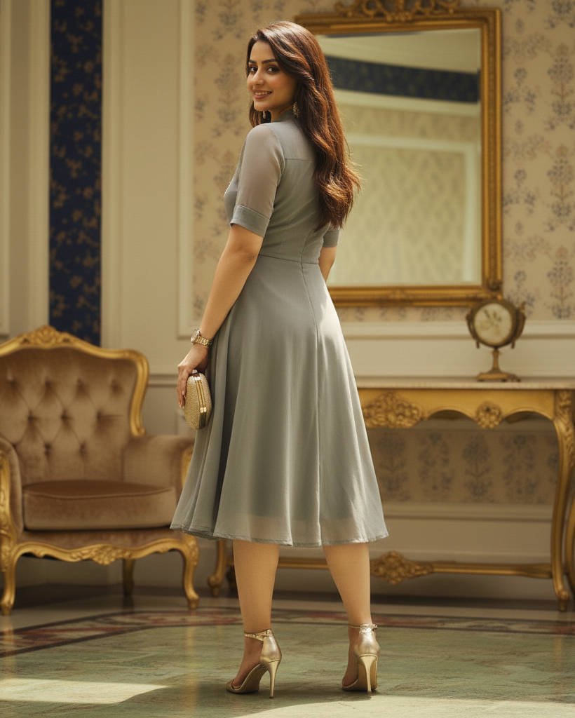 Woman in a gray dress standing in an ornate room with a mirror and chair.