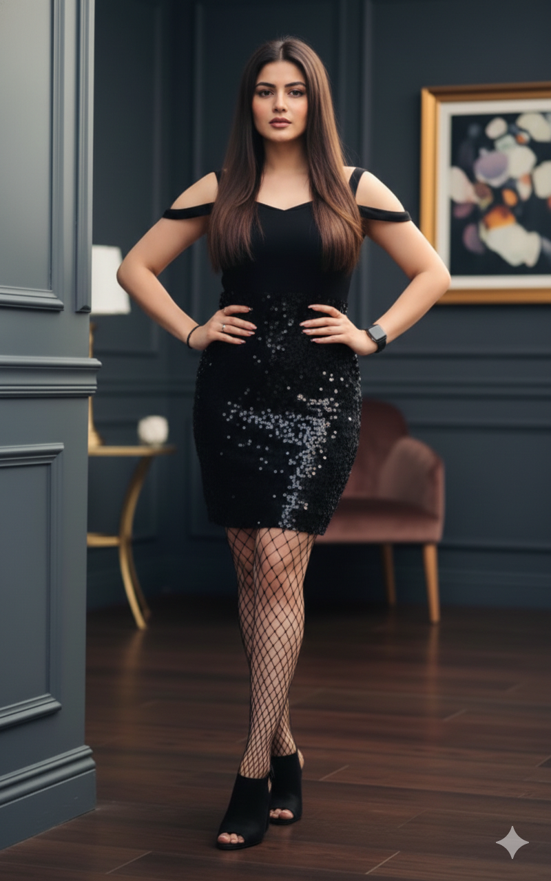 Woman in a black sequin dress standing in an elegant room with a painting on the wall.