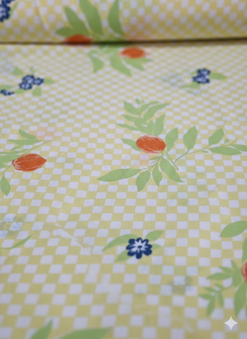Lemon Checkered Floral Printed Pure Cotton Fabric