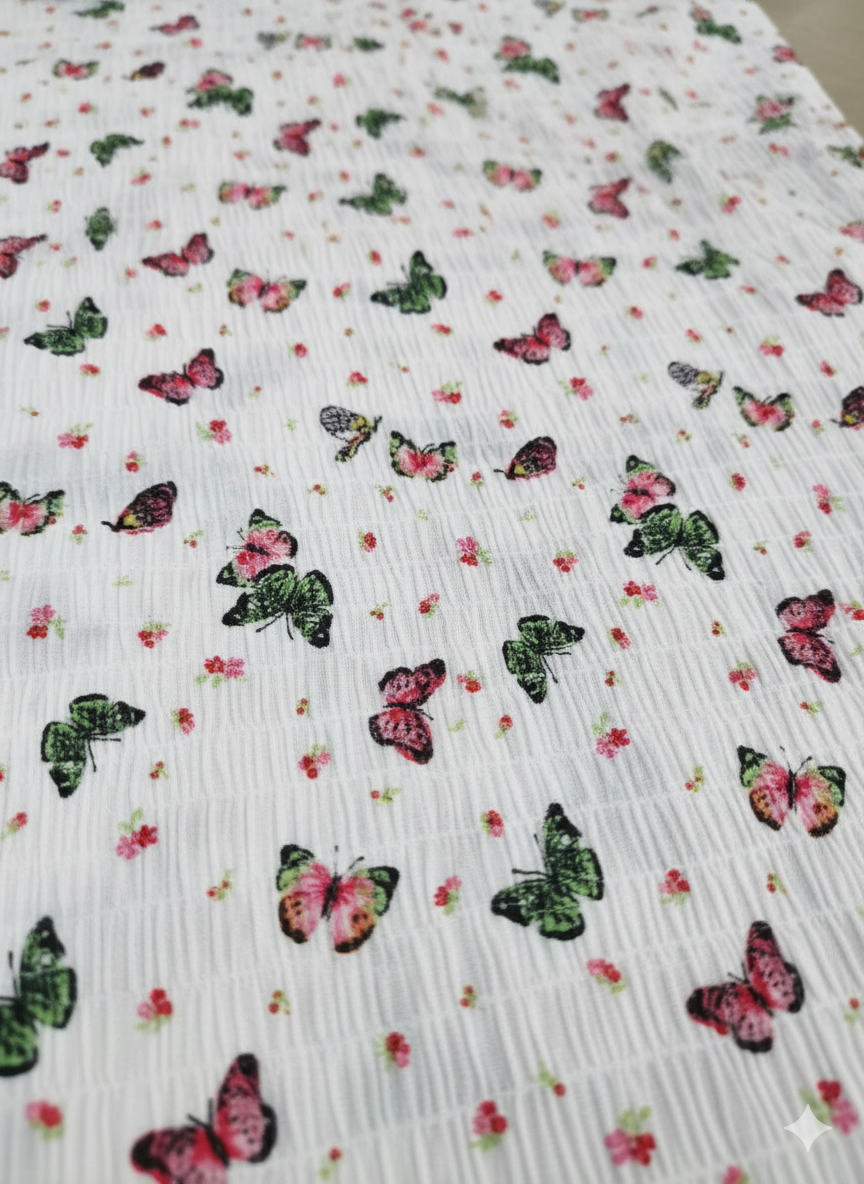 White Butterfly Print Crinkle Cotton Fabric