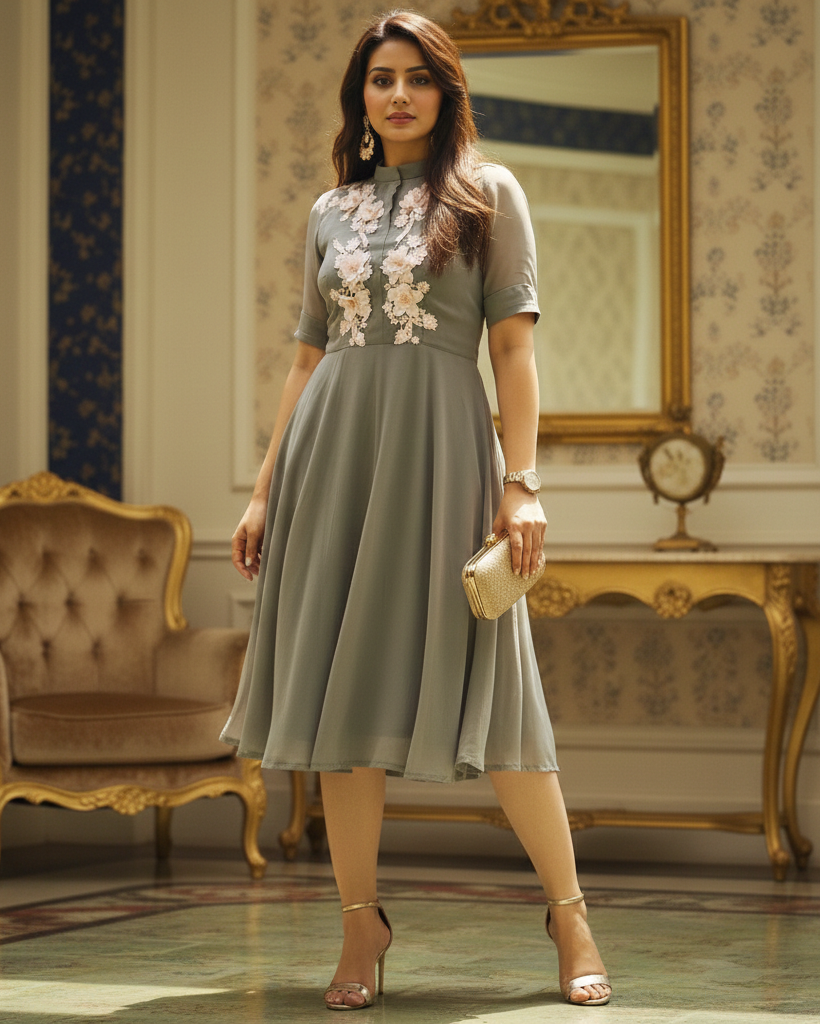 Woman in a gray dress with floral details standing in an elegant room.