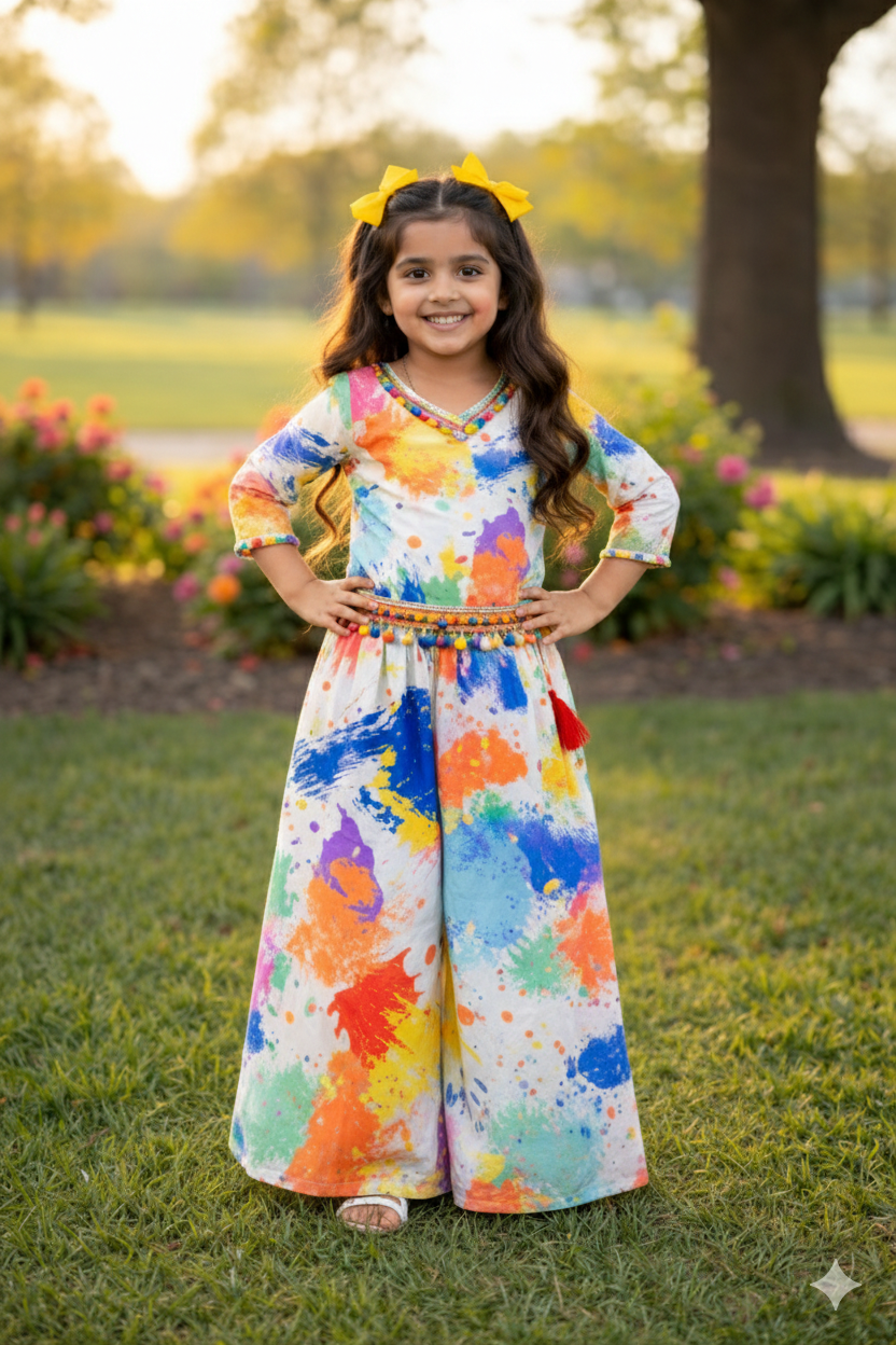Kids Multicolor Satin Georgette Holi Special Co-ord Set