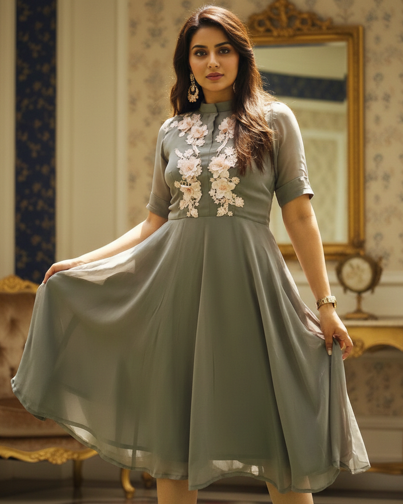 Grey Embroidered Midi