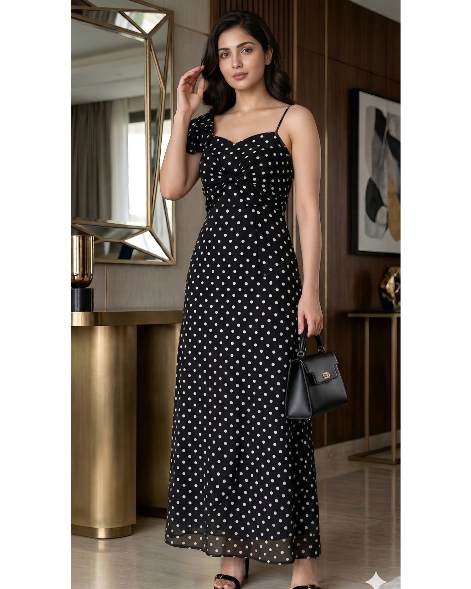 Woman wearing a black polka dot dress in an indoor setting.