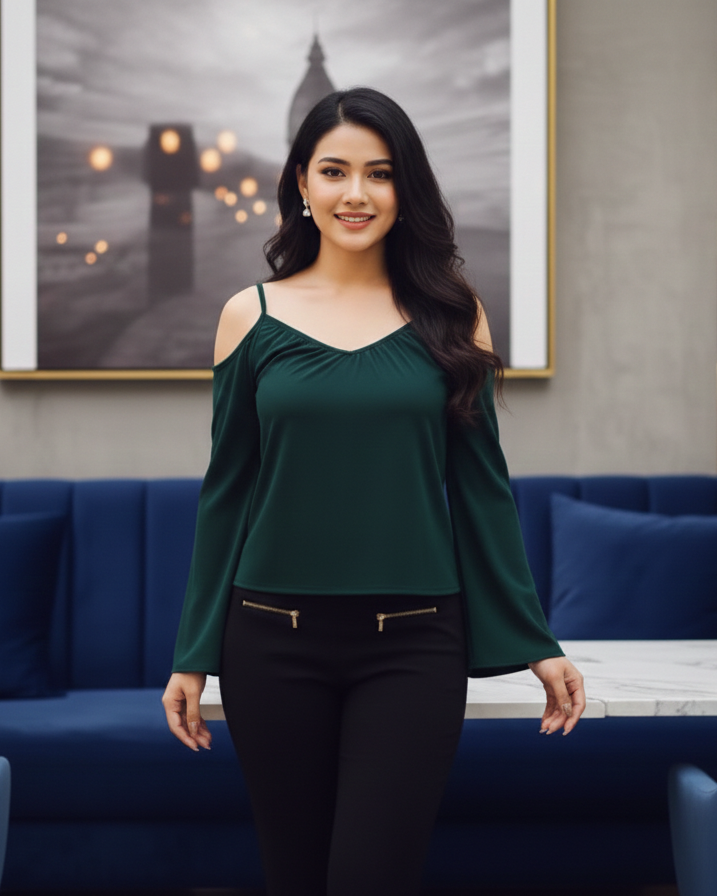 Bottle Green Cold Shoulder Top