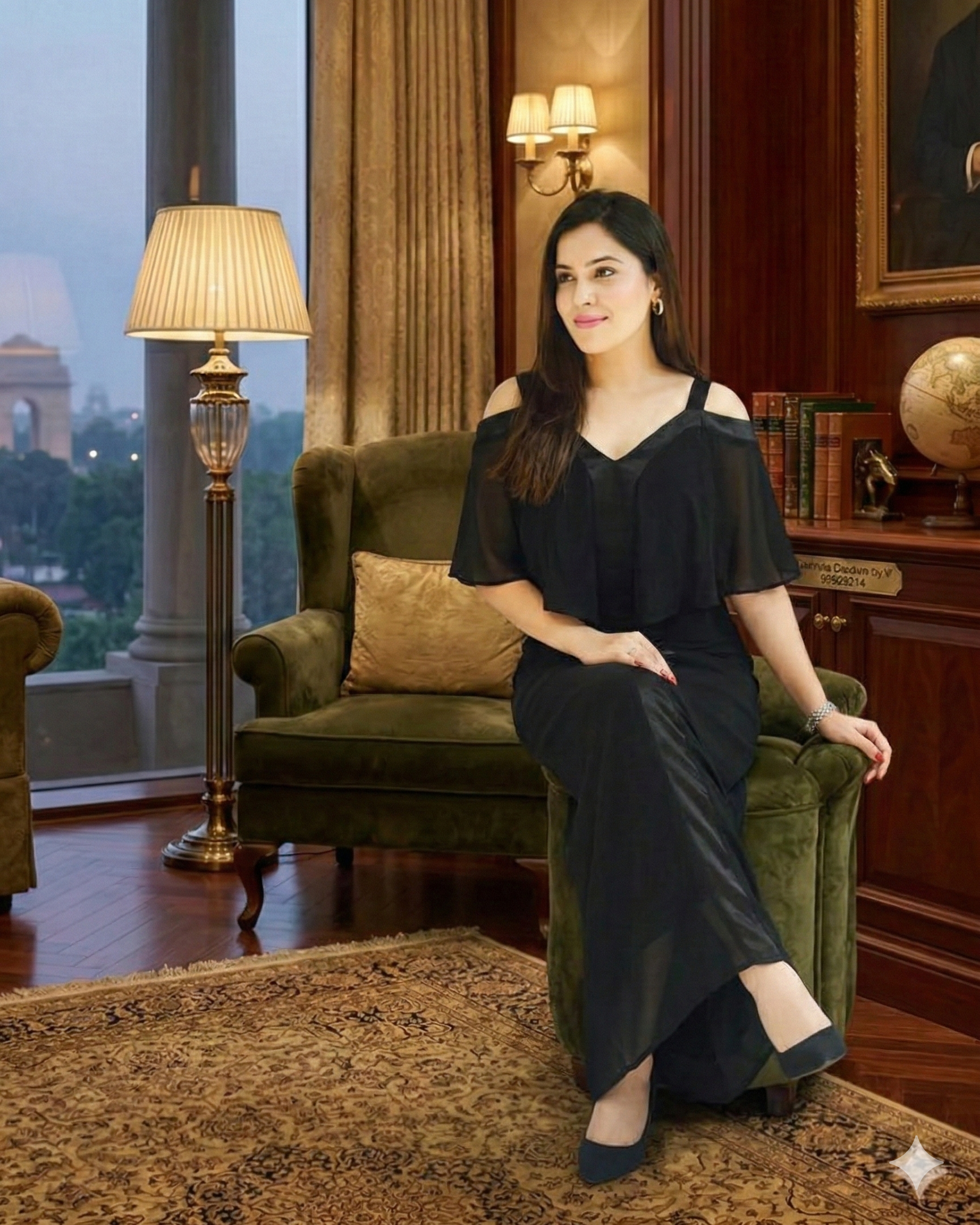 Woman in a black dress sitting on a green armchair in an elegant room with decor elements.
