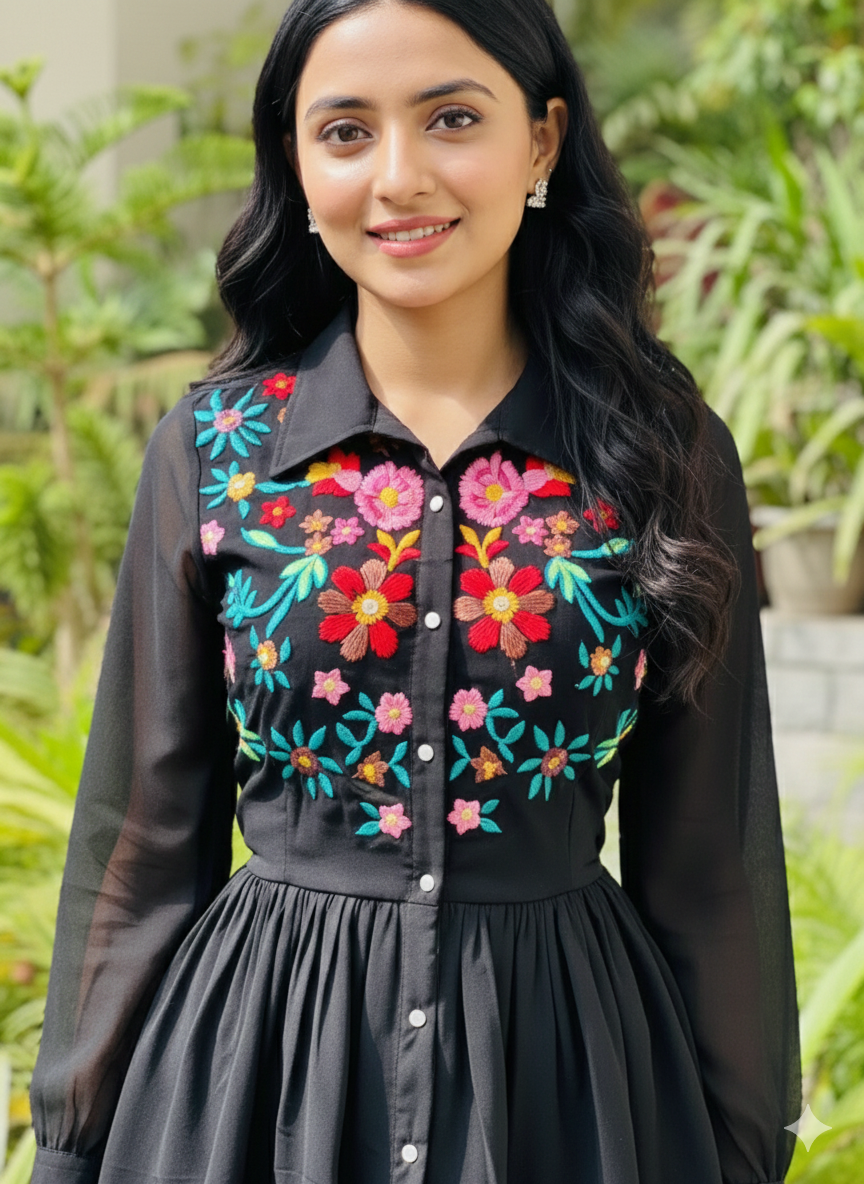 Black Floral Embroidered Shirt