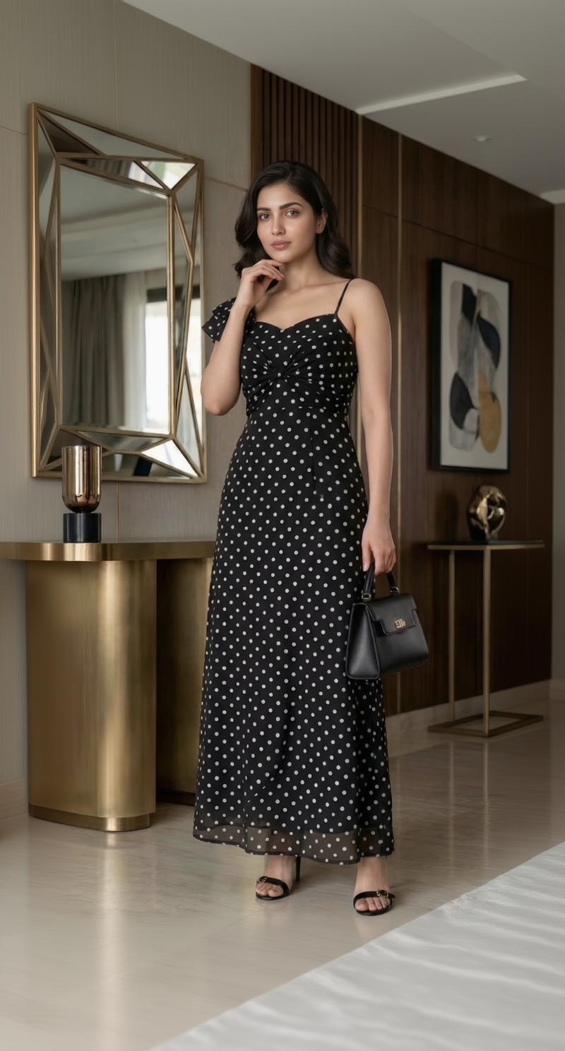 Woman wearing a black polka dot dress in an indoor setting.