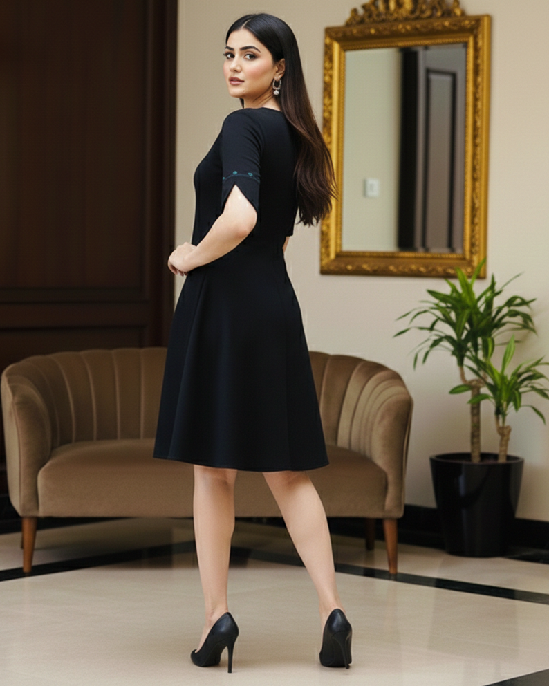 Woman in a black dress standing in a room with a mirror and plant.