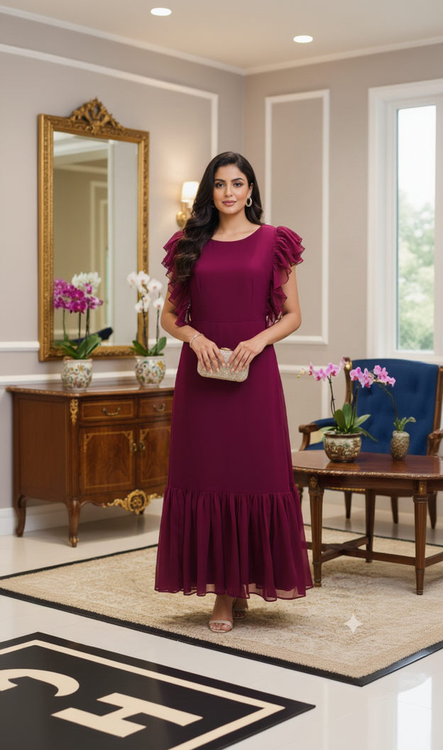 Woman in a burgundy dress standing in an elegant room with decorative elements.