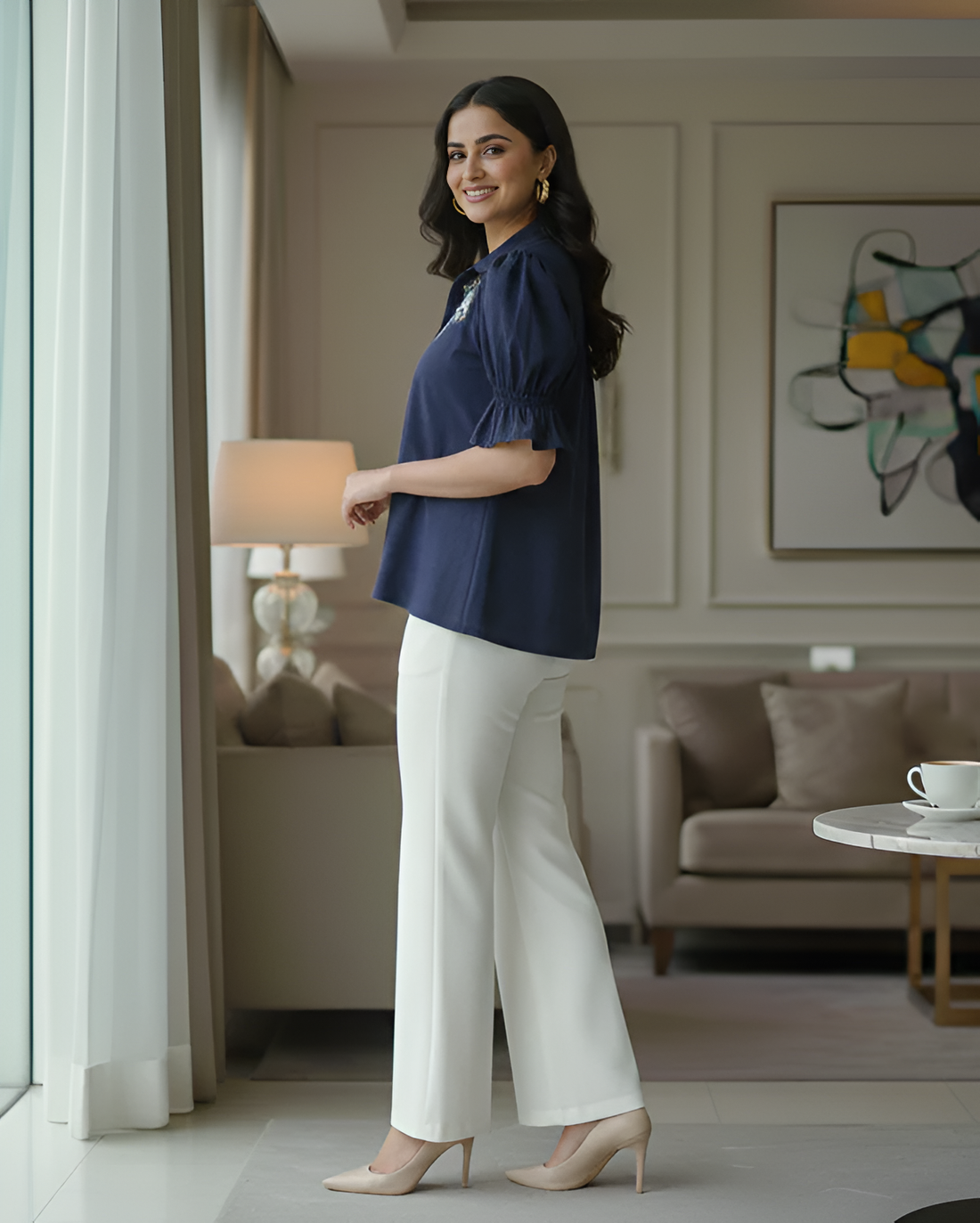 Navy Blue Embroidered V-Neck Top