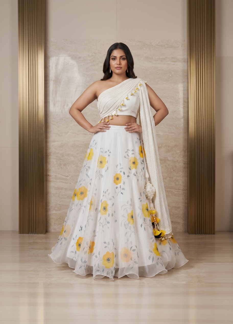 Woman wearing a white saree with yellow floral patterns against a neutral background