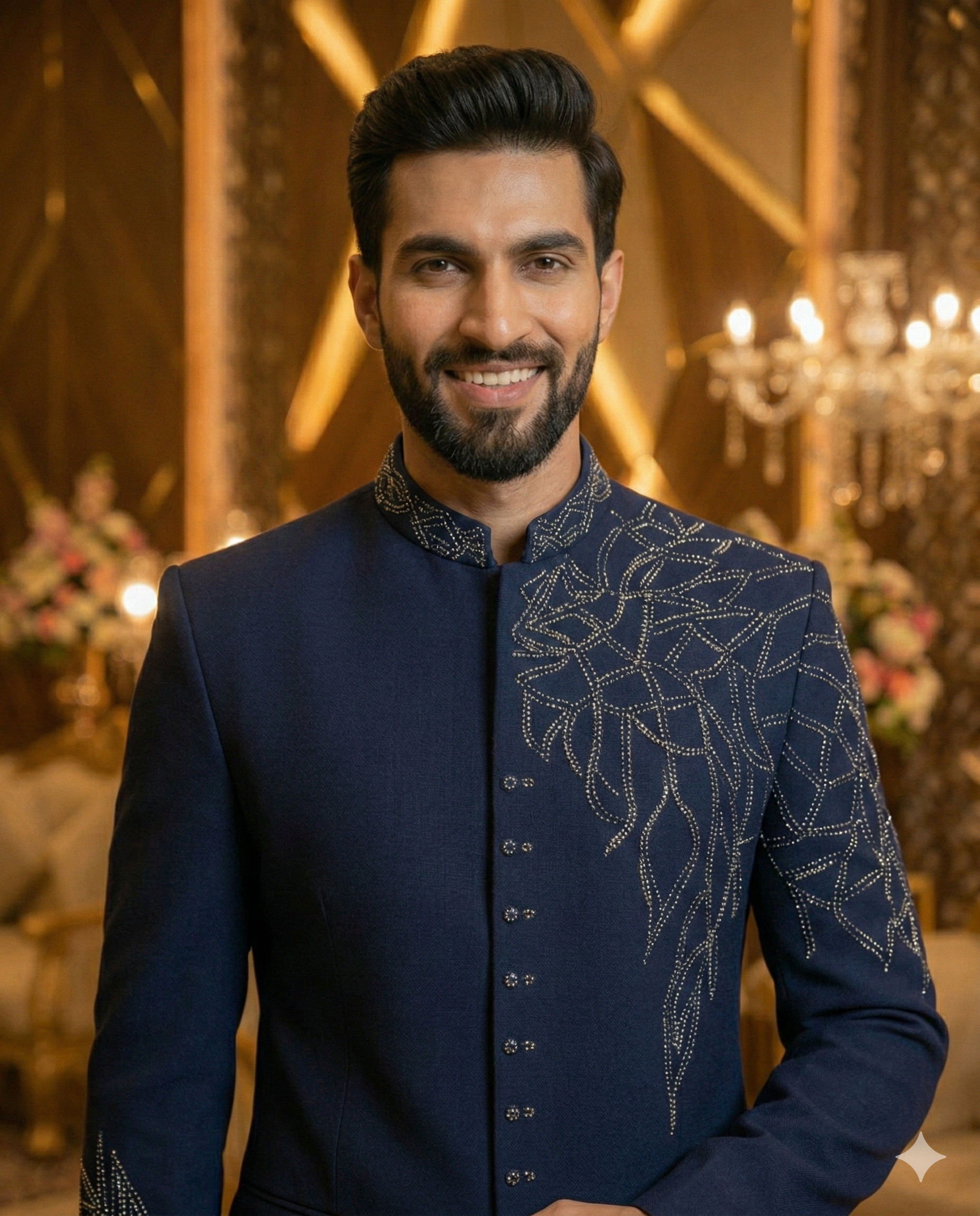 Navy Blue Embroidered Japanese Lycra Bandhgala Suit