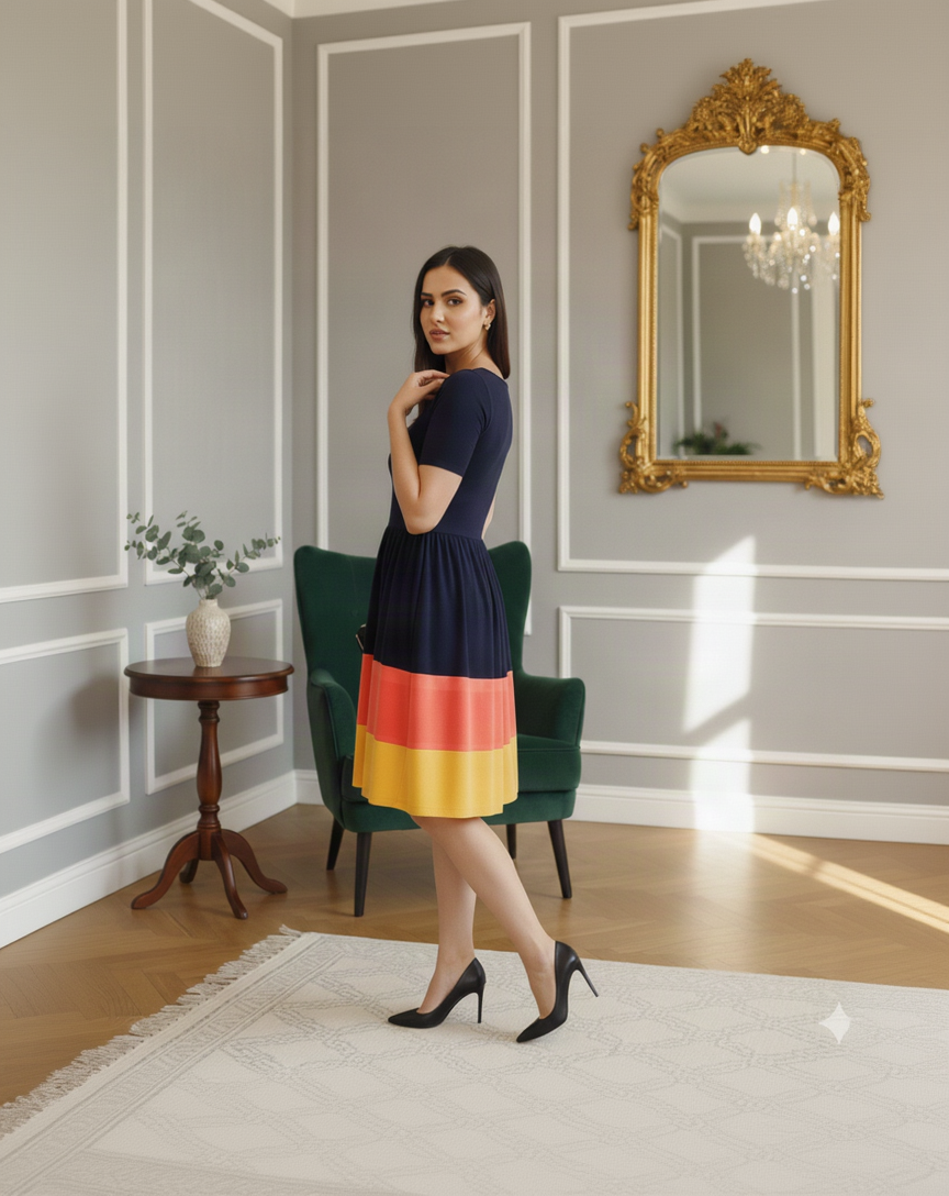 Woman in a colorful dress standing in an elegant room with a mirror and table.
