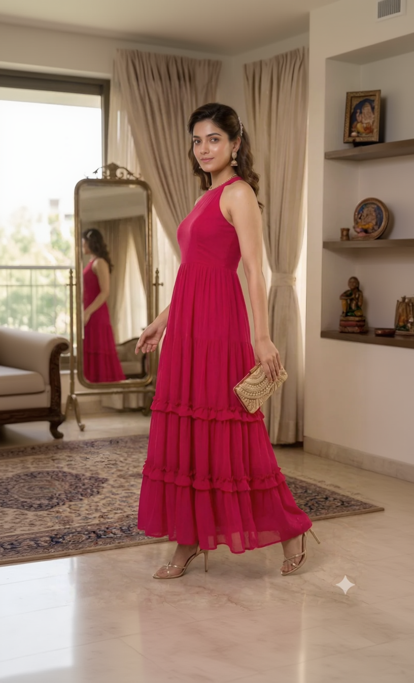 Woman in a pink dress holding a clutch in a room with a mirror and decor.
