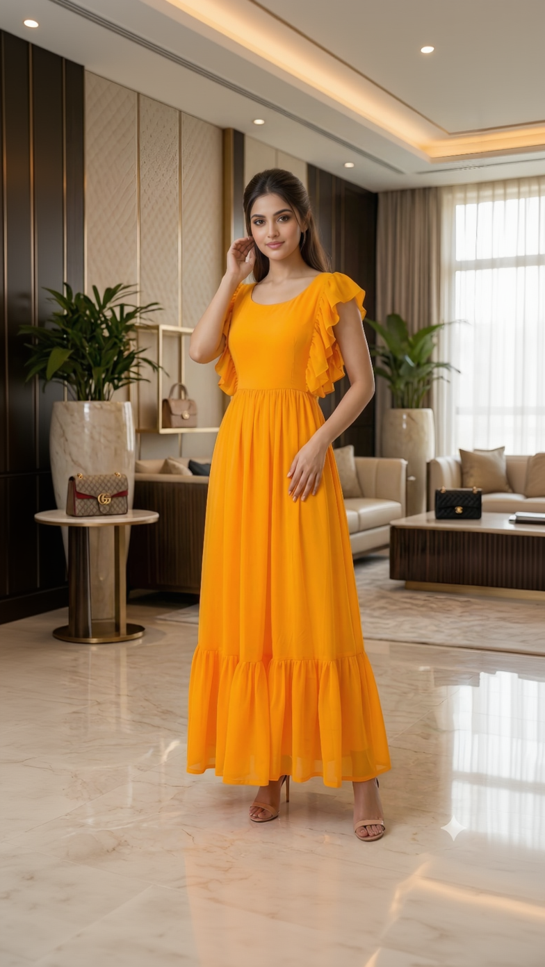 Woman in a yellow dress standing in an elegant interior setting
