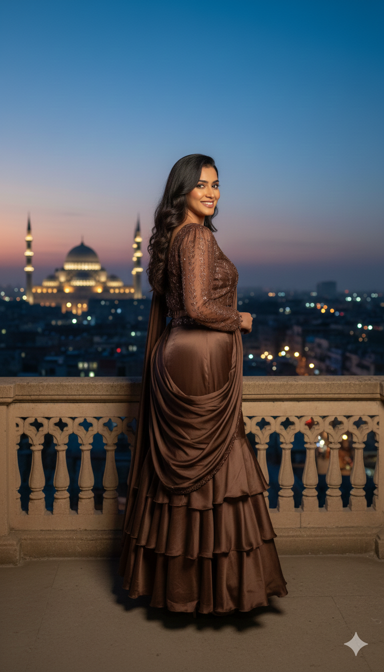 Brown Italian Satin Glass Neck Saree