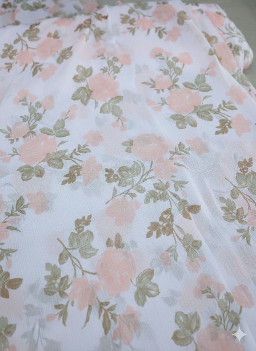 White Floral Print Chiffon Fabric