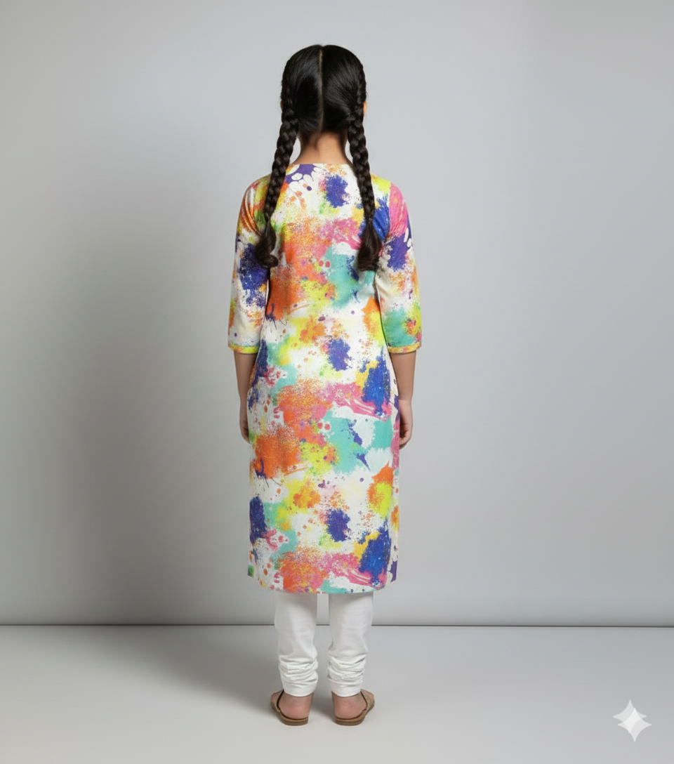 Multicolor Splash Print Satin Georgette Kurti | Lakhina Couture - Look 4
