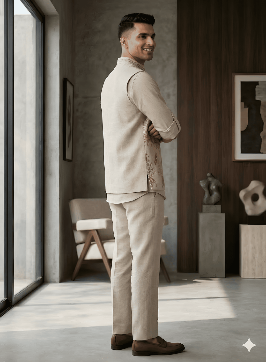 Men’s Beige Cotton Linen Animal Embroidered Wedding Set