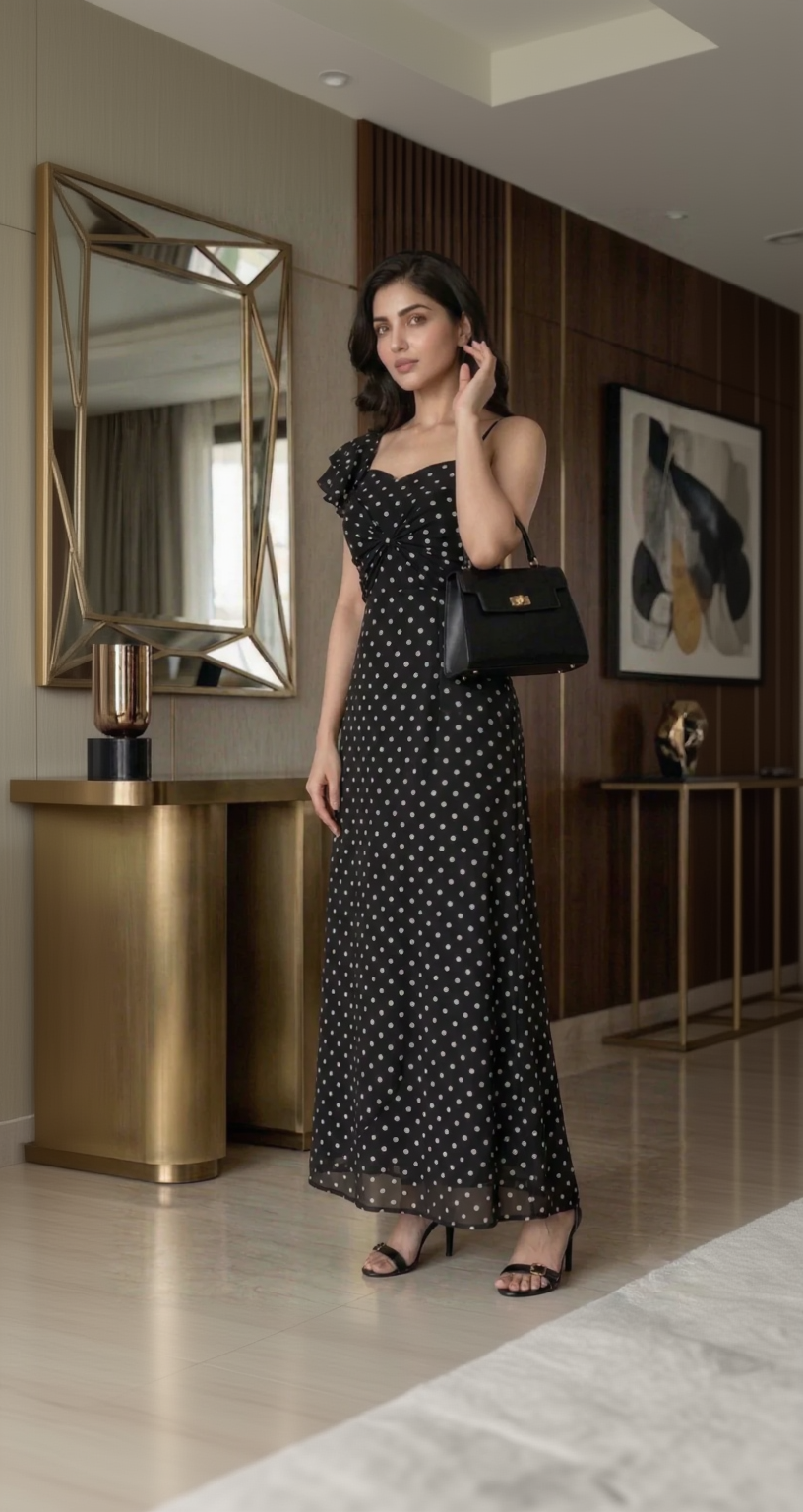 Woman in a black polka dot dress holding a black handbag indoors.