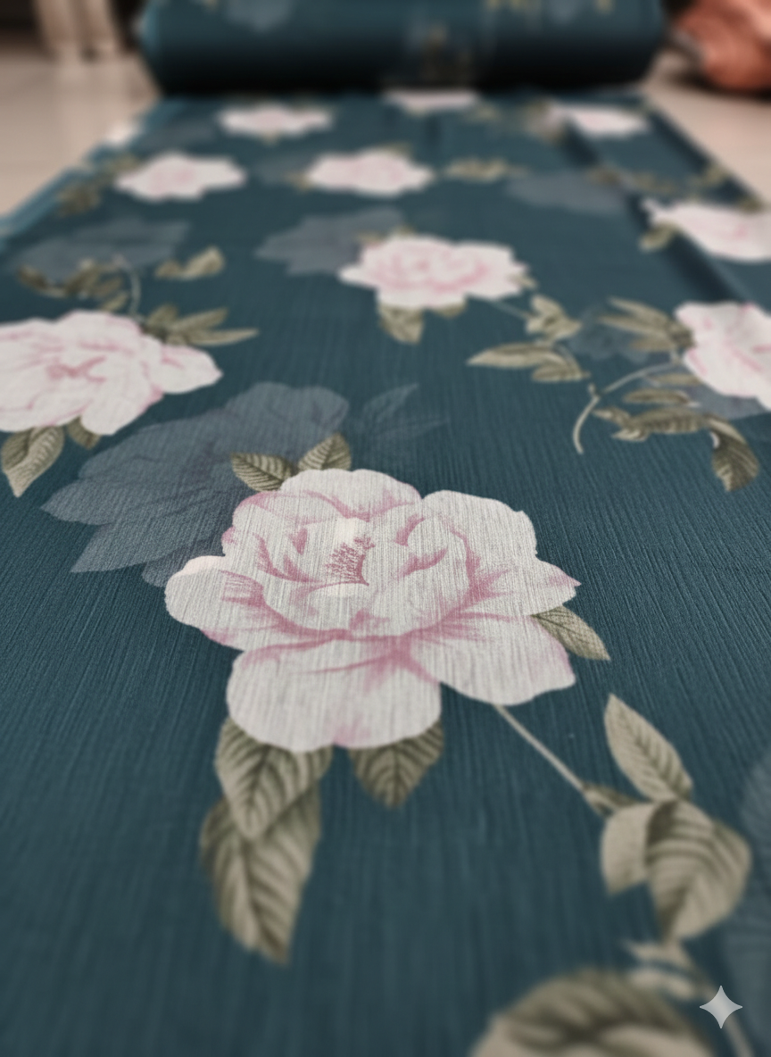 Bottle Green Floral Print Chiffon Fabric