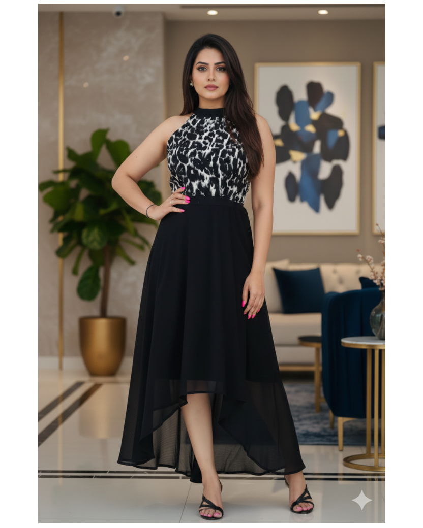 Woman in a black and white patterned top and black skirt standing in an elegant interior setting.