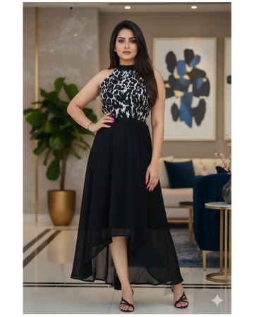 Woman in a black and white patterned top and black skirt standing in an elegant interior setting.