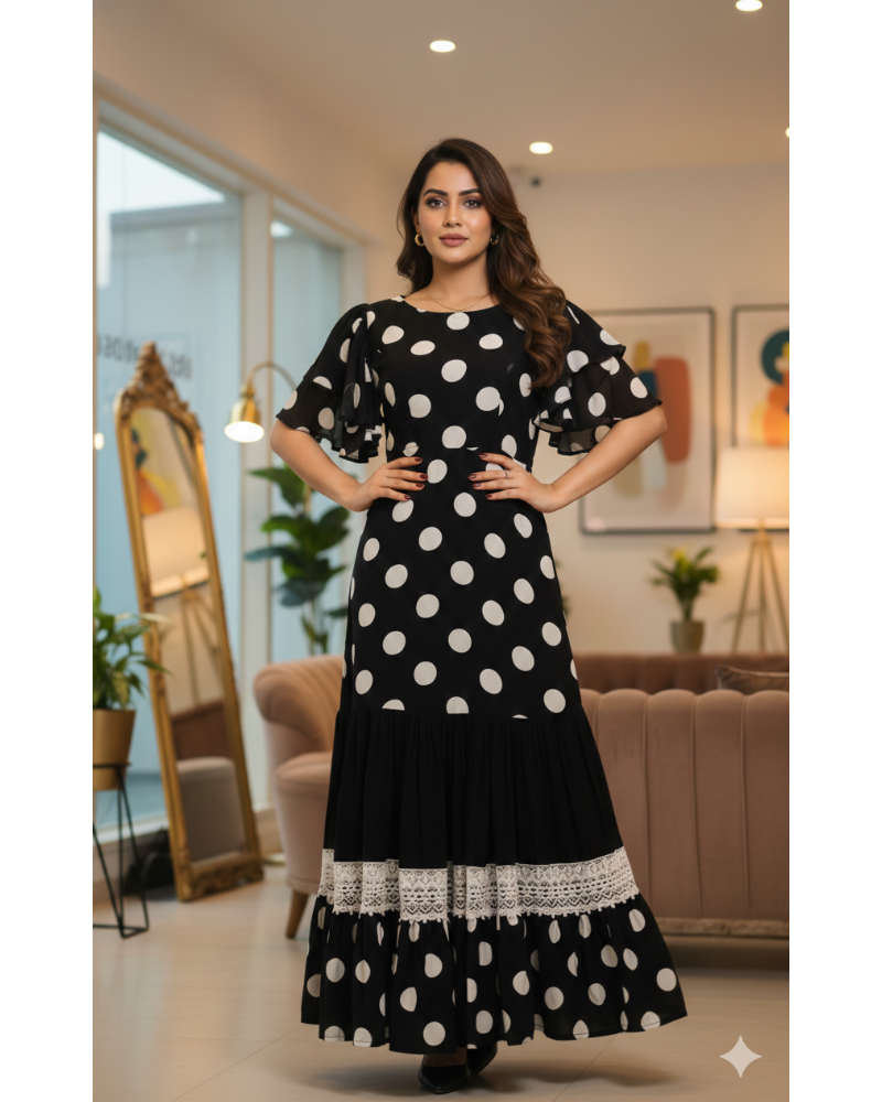 Woman wearing a black dress with white polka dots in a living room setting