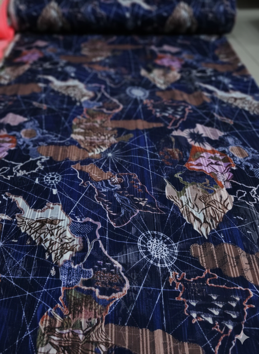 Navy Blue World Map Print Georgette Fabric