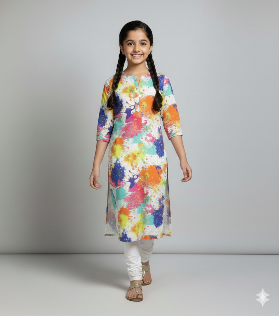Multicolor Splash Print Satin Georgette Kurti | Lakhina Couture - Look 3