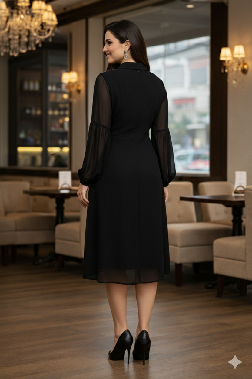 Black Embroidered Shirt Midi Dress