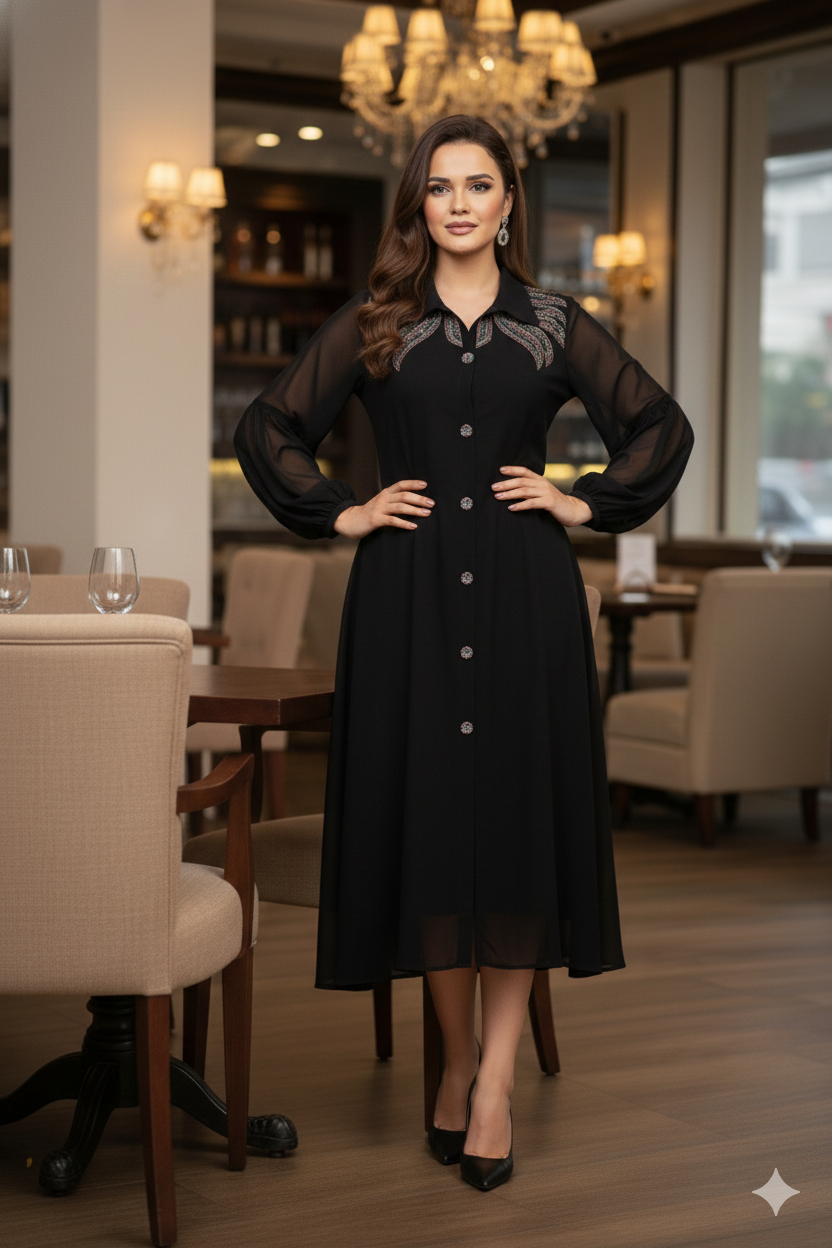 Black Embroidered Shirt Midi Dress
