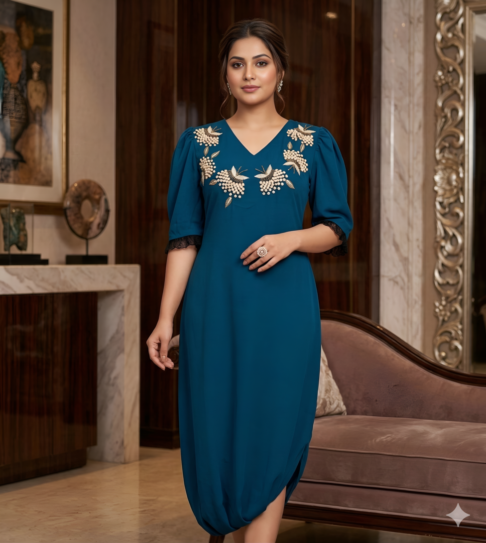 Teal Blue Embroidered Jumpsuit