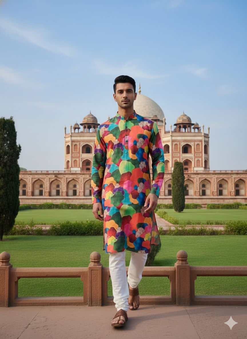 Lakhina Couture Multicolor Satin Georgette Holi Special Men’s Kurta